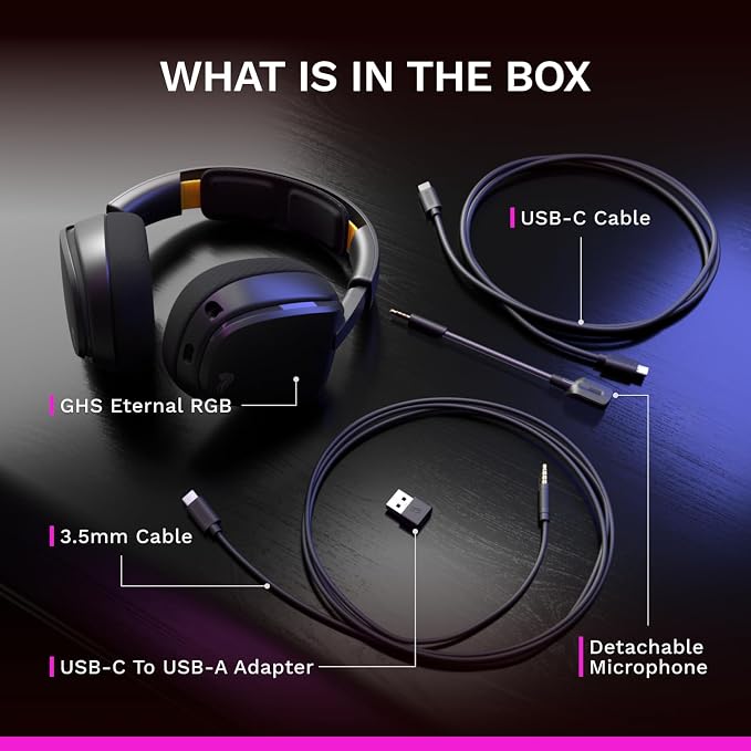 GLORIOUS GHS Eternal RGB - Stereo RGB Gaming Headset for PC, PS5, PS4, Switch - Custom Tuned Angled Drivers, Adjustable Crystal Clear Detachable Mic, USB-C - Durable, All Day/Night Comfort - Black