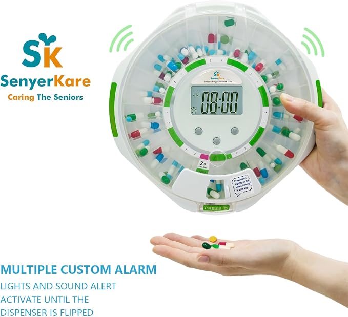 Bluetooth Automatic Pill Dispenser with App Setup for Elderly | Up to 9 Daily Doses, 28 Day Locked Medication Organizer Audio/Visual Alerts for Dementia & Chronic Care, Clear Lid