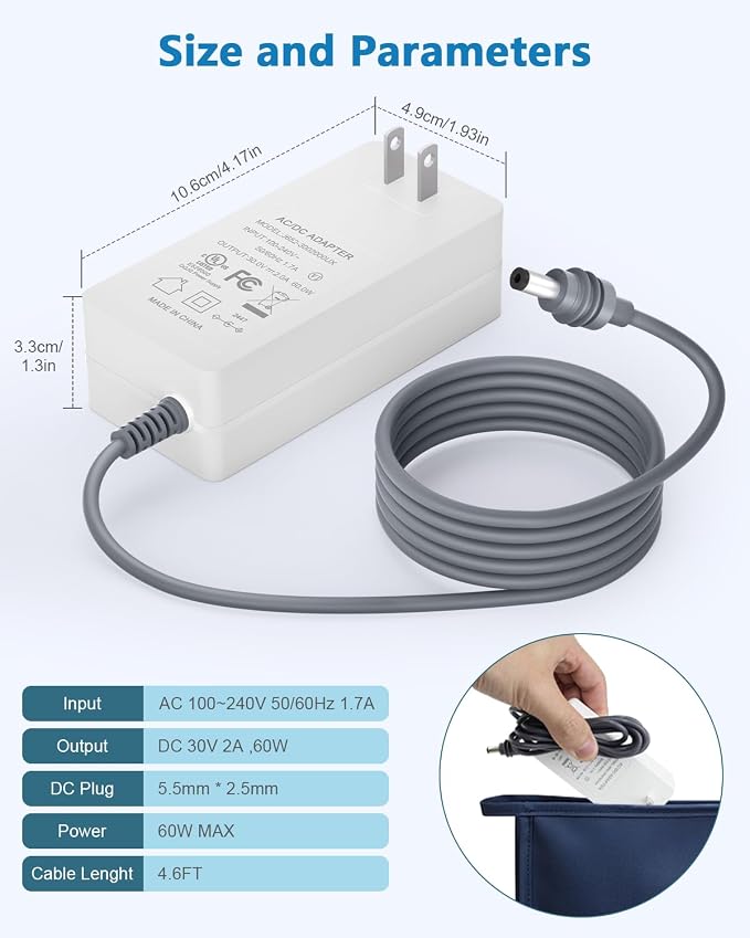 for Starlink Mini Power Supply Adapter UL Listed 4.6FT Power Cable 30V 2A 60W Power Cord Fast Charger Starlink Mini Accessories Replacement Power Adapter for Starlink mini Satellite Dish