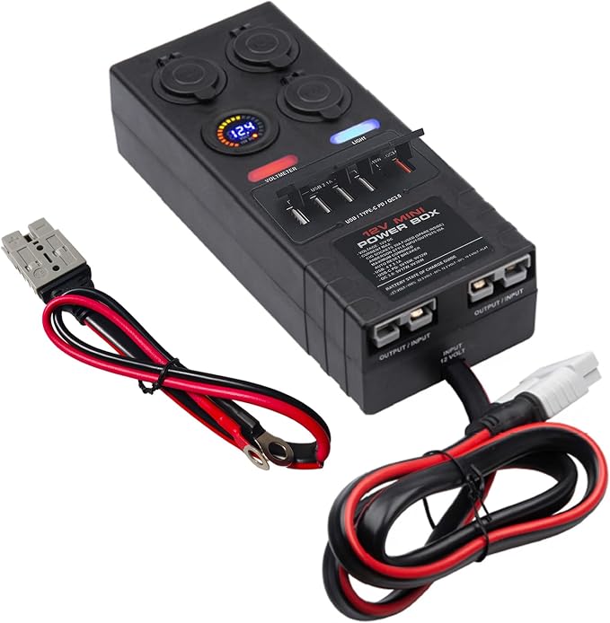 Mini Power Distribution Box 12V DC Battery Socket Max. 50A Current with 2 x Anderson, 6 x USB & 3 x Cig Sockets, Mini Battery Box for Outdoors RV Camping Fishing Emergency