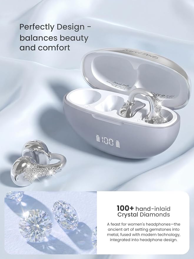 JewelPods C3 Wireless Bluetooth Earbuds, Jeweled Open-Ear Headphones, SLV | Ultra-Light Memory Wire Clip-On Earrings for All-Day Comfort, 60H Playtime, Sweat & Water Resistant, Premium Sound