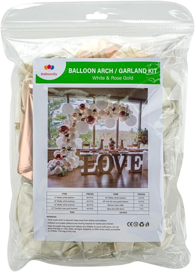 Restaurantware-Balloonify Balloon Garland Set, 1 Party Decoration Kit - 111 Balloons, With Chain, White & Rose Gold Latex Balloon Arch Kit, Includes Glue Dots