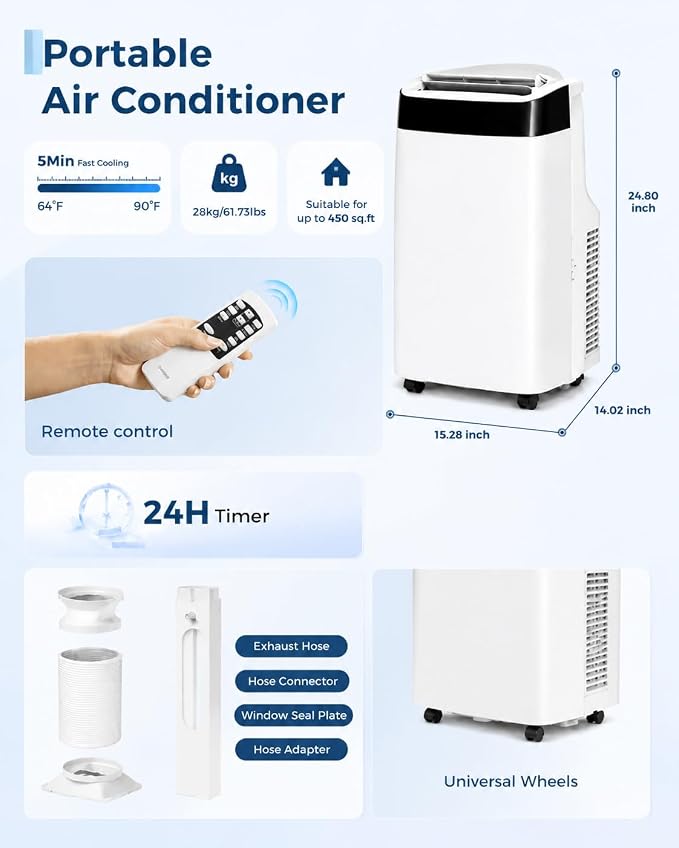 10000 BTU Portable Air Conditioners, Cools Up to 450 Sq. Ft, 3-in-1 Portable AC Unit for Rooms with Remote Control, Quiet Mode, 24-Hour Timer, Window Installation Kit for Home