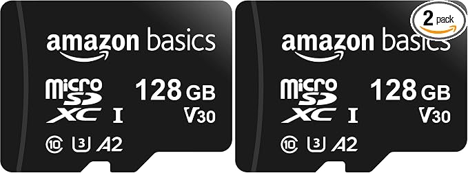 Amazon Basics microSDXC Memory Card with Full Size Adapter, A2, U3, Read Speed up to 100 MB/s, 128GB, Black (Pack of 2)
