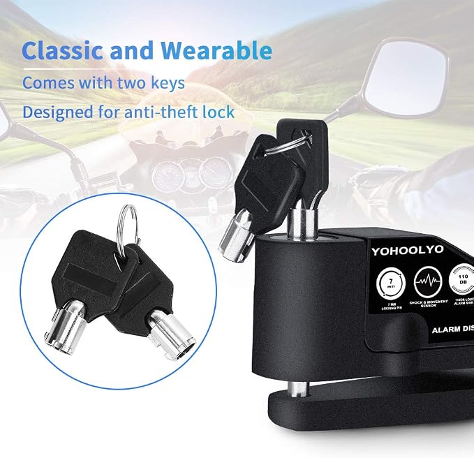 YOHOOLYO Alarm Disc Lock Motorcycle Disc Brake Lock Anti-Theft Waterproof 110 dB 7mm Pin 5ft Reminder Cable for Motorcycles Bike Scooter Carry Pouch (Black)