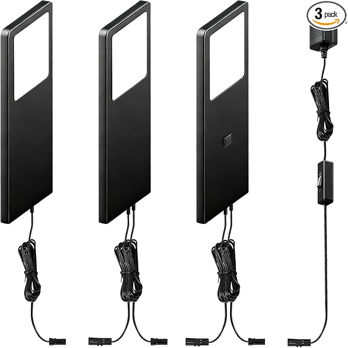 Under Counter Lights for Kitchen, Plug in Linkable LED Dimmable Hard Wired Under Cabinet Lighting for Kitchen Counter Closet, 3000K/4000K/5000K, 0.28 inch Ultra Thin, 3-in-1, Black, ETL