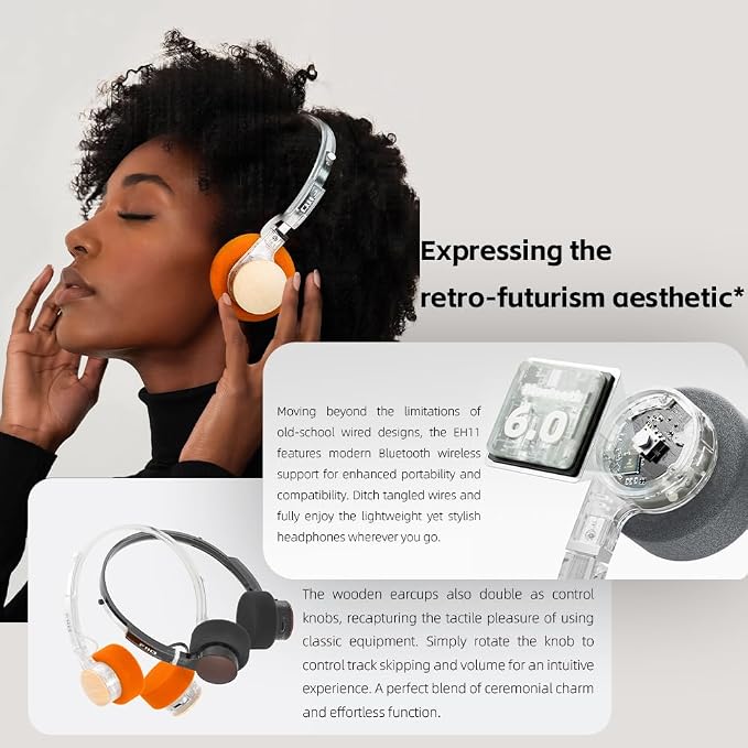 FiiO EH11 Retro On-Ear Bluetooth Headphones, LDAC Hi-Res Wireless, Lightweight 92g, 30H Playtime, Dual Device Connection, App EQ & Gaming Mode, Built-in Mic, Transparent Black