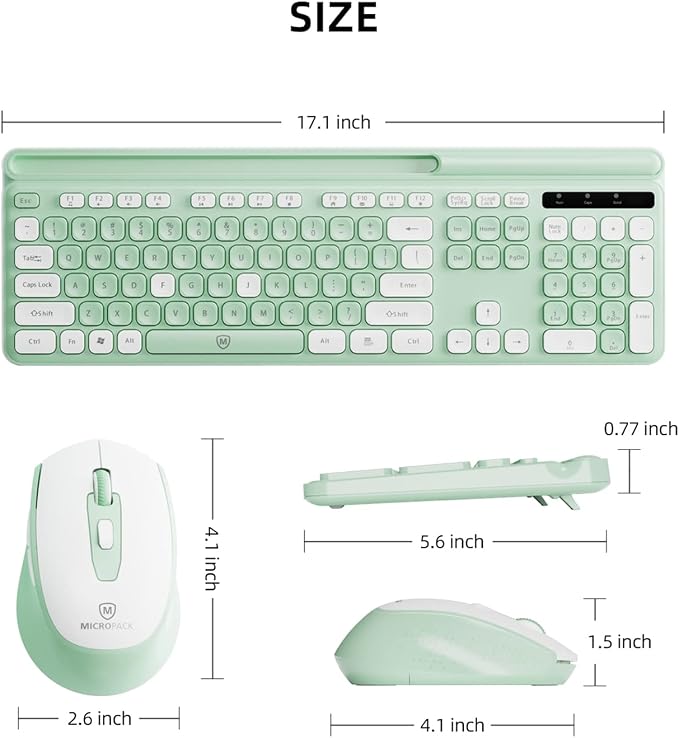 Green Wireless Keyboard and Mouse Combo, 2.4G Ergonomic Wireless Computer Keyboard with Phone Tablet Holder, Silent Mouse with 6 Buttons, Compatible with MacBook, Windows(KM-239W-GNWH)