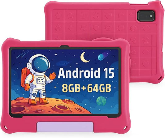 Kids Tablet 10 Inch, Android 15 Tablets for Kids Ages 3-12, Parental Control, Preloaded Kids Apps, Octa-Core, 8GB+64GB, 1TB Expandable, WiFi 6, Dual Camera, Android Tablet with Case for Toddlers