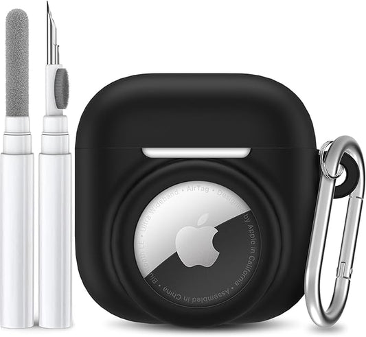 2 in 1 Silicone Case Compatible with AirPod 4 and AirTag 2/1, Shockproof Protective Skin Cover for AirPods 4th Generation with Cleaner Kit & Carabiner (Black)
