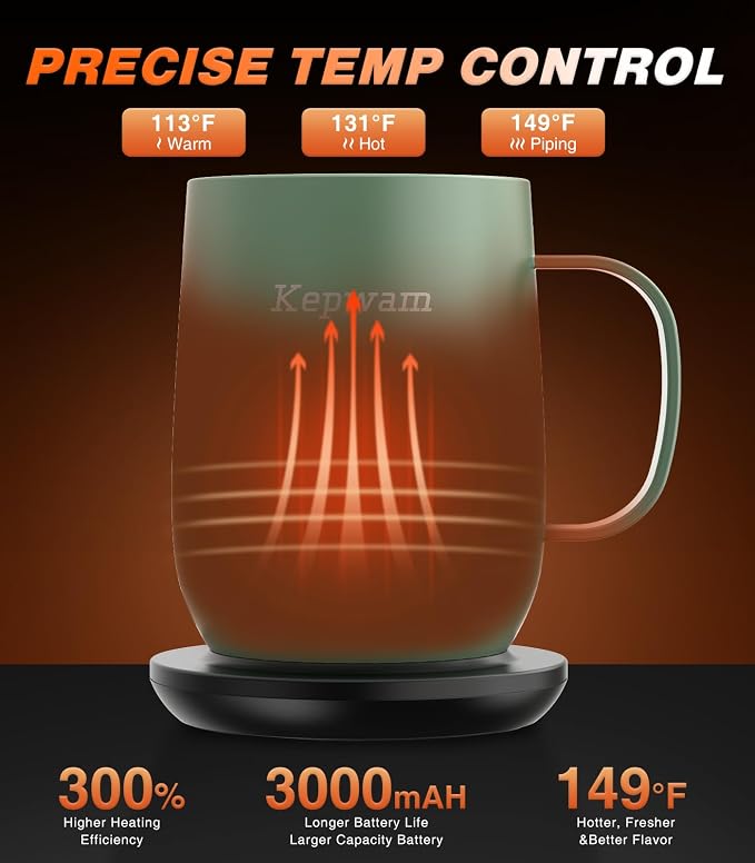 Kepwam Self Heating Coffee Mug T2, 16oz Smart Heated Coffee Mug, 150 Min Battery Life - Hot up to 149℉ Temperature Control Coffee Mug Warmer, Gifts for Dad Mom (No APP)