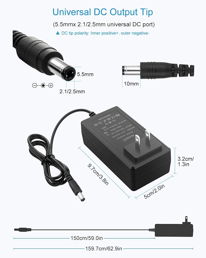 ALITOVE 24V Power Supply 2.7A 65W AC to DC Adaper 24 Volt Transformer Converter 4.92Ft Power Cord with 5.5X 2.5mm Tip for DC24V 0~2700mA Devices LED Lights Printer SoundBar LCD Monitor Pump