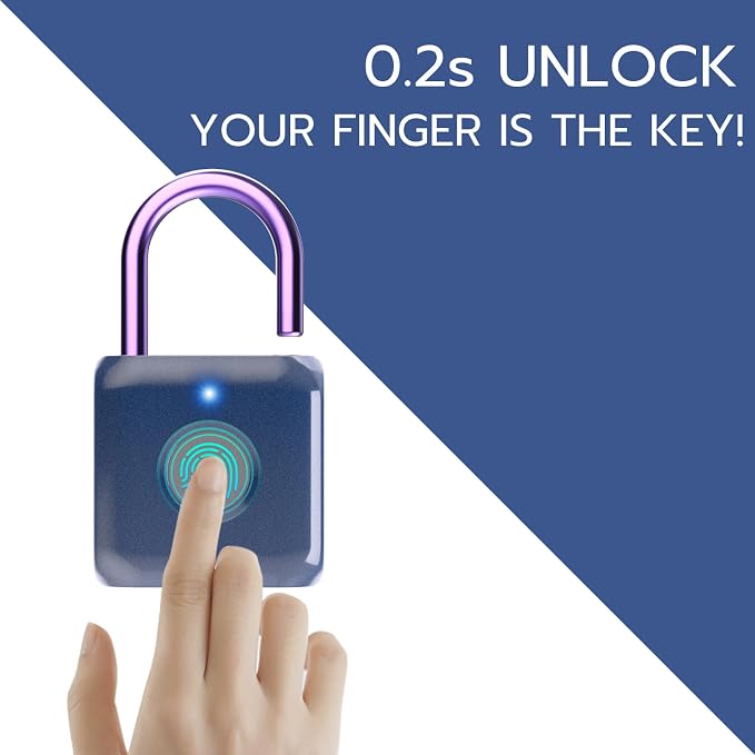 Pothunder Fingerprint Padlock, Smart Padlock, Locker Lock, Biometric Metal Keyless Fingerprint Lock, USB Rechargeable, for Gym Locker, Luggage, Backpack(Blue)