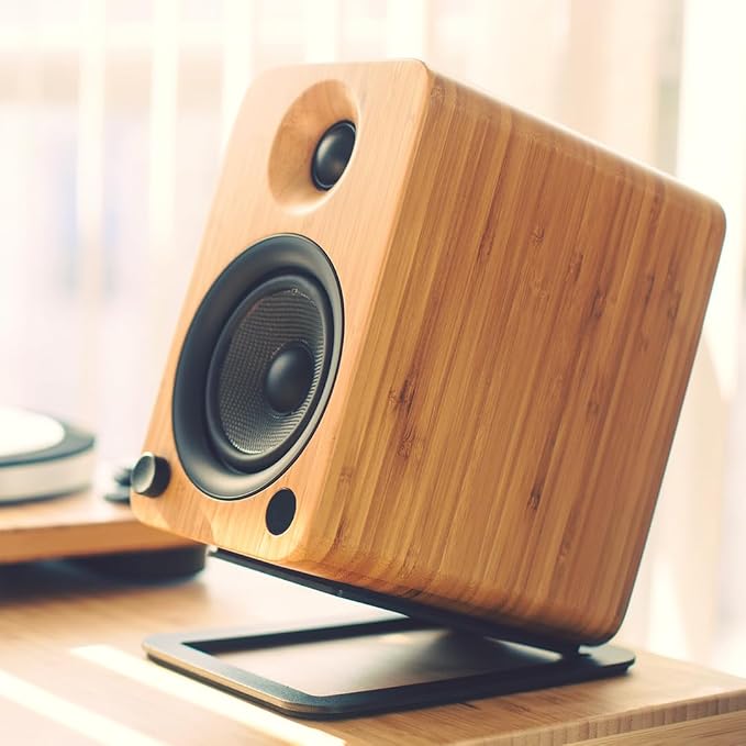 Kanto S4 Tilted Desktop Speaker Stands for Medium Bookshelf Speakers & Mid-Size 3”-4” Studio Monitors | Supports 8 lbs | Damping Foam Padding | ¼”-20 Mounting | Pair | Black