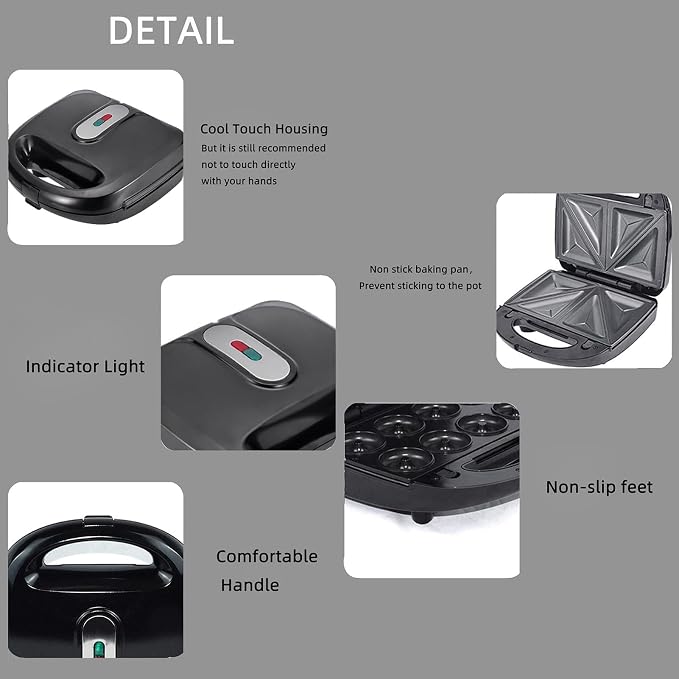 Electric Maker with 10 Non Stick Plates, Indicator Lights Cool Touch Handle Easy to and Store for Cooking Breakfast Grilled Cheese Tuna and Snacks (US Plug 110V)
