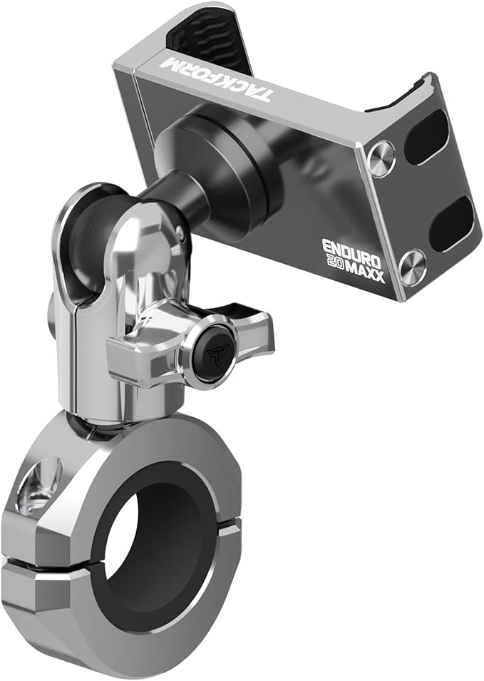 Tackform Chrome Motorcycle All Metal Phone Mount - 20MAXX Spring Cradle | Universal Clamp Fits 7/8" to 1-1/4" Handlebars | Aluminum | Compatible with iPhones, Galaxy Devices, More | Short Reach Arm