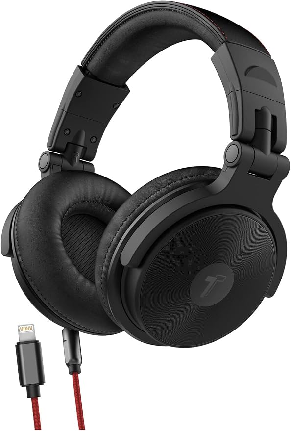 Thore Over Ear iPhone Headphones with Lightning Connector (Apple MFi Certified) – Closed Back Studio DJ Monitor Earphones (50mm Neodymium Drivers) (V200 Black/Red)