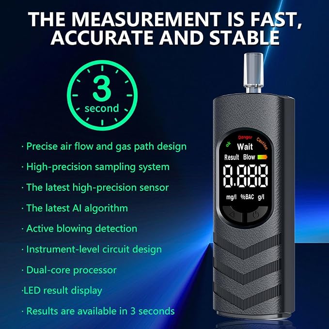 Breathalyzer Rechargeable, Portable Alcohol Tester for Personal, High-Accuracy Professional Breathalyzer with LCD Digital Display&Voice Broadcast for Car/Home Use