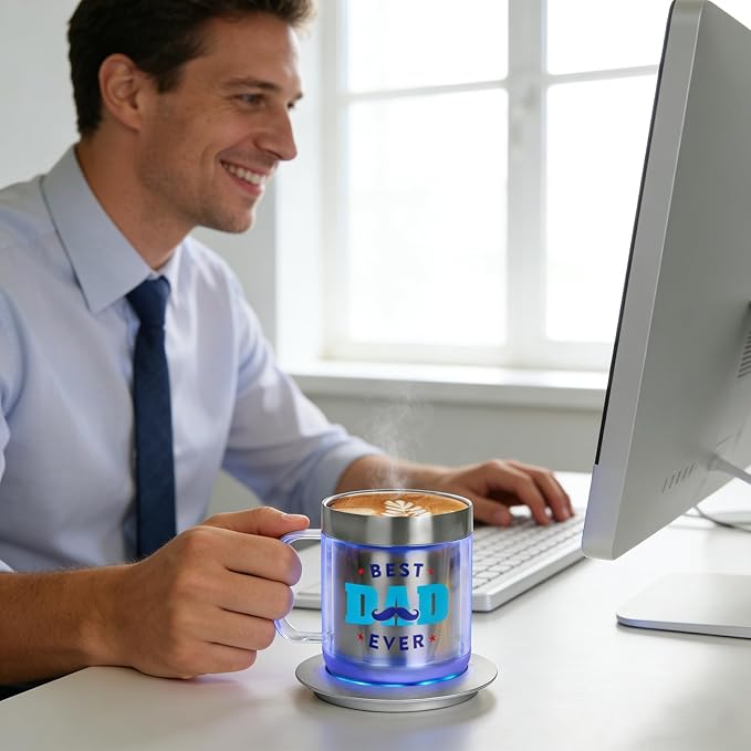 Dad Birthday Gifts, 12oz Heated Coffee Mug with BEST DAD EVER Design, USB Electric Temperature Control Cup, Fathers Day Gift from Wife Daughter Son(Silver DAD-12oz)