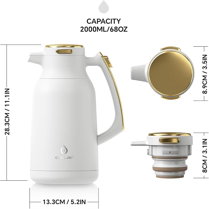 IDEUS Thermal Coffee Carafe, Stainless Steel Double Wall Insulated Vacuum Flask, Water Jug Coffee Server and Beverage Dispenser, Heat and Cold Retention (White-Gold, 68, Fluid Ounces)
