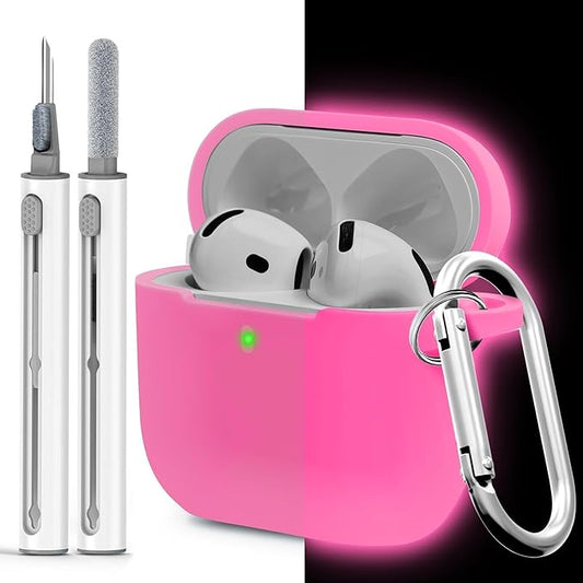 for Airpods 4th Case Cover,Come with Cleaner Kit,Soft Skin Silicone Case Cover with Keychain,Full Protective Case for Men and Women,Compatible with AirPods 4th Generation Case,Nightglow Pink