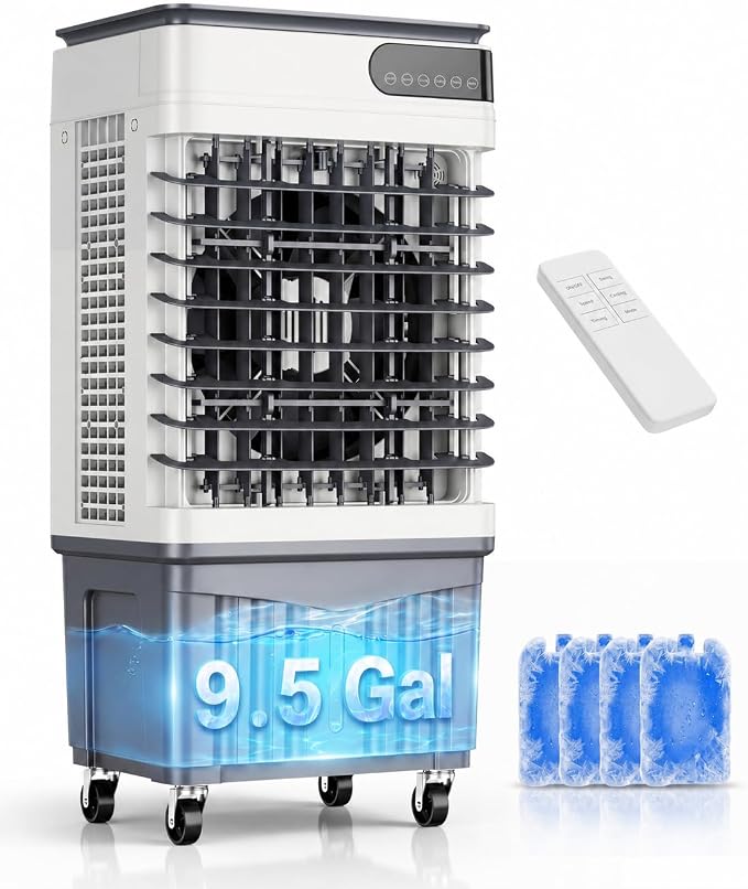 Swamp Cooler Air Conditioners, 2700 CFM Large 9.5-Gal Tank for 3d Cooling, 4-IN-1 Portable Evaporative Cooler with LED Touch Screen, 3 Fan Speeds,12H Timer and Remote, 650 sq ft, Ideal for Large Rooms