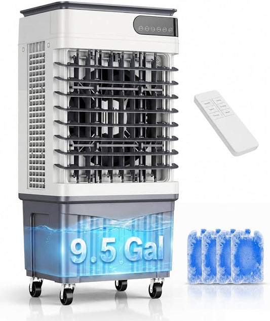 Swamp Cooler Air Conditioners, 2700 CFM Large 9.5-Gal Tank for 3d Cooling, 4-IN-1 Portable Evaporative Cooler with LED Touch Screen, 3 Fan Speeds,12H Timer and Remote, 650 sq ft, Ideal for Large Rooms