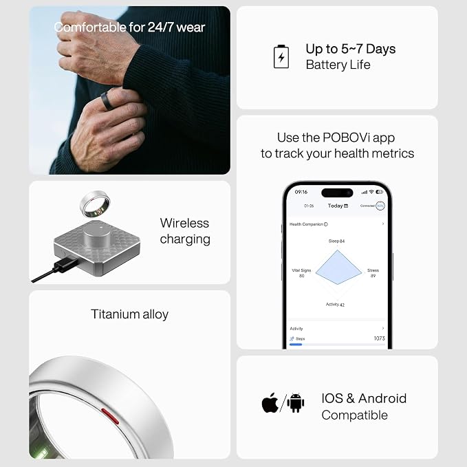 POBOVi Gen 2 Titanium Smart Ring for Women & Men, Sleep & Heart Rate Tracker, No Subscription, Size Before You Buy (Silver, 8)