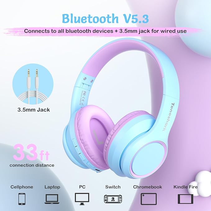 TONOSHARK Kids Bluetooth Headphones with Active Noise Cancelling, Wireless Over-Ear Headphones for Boys Girls, Foldable, Adjustable, 40H Playtime, Mic for School Travel (Purple Blue)