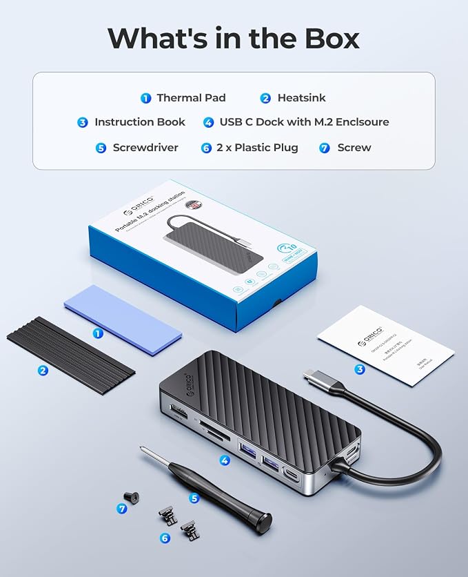 ORICO USB-C Hub with M.2 SSD Enclosure, 8-in-1 USB C Docking Station Fits M.2 NVMe/SATA SSD, 10Gbps, 4K@60Hz HDMI, 100W PD, SD/TF Card Reader