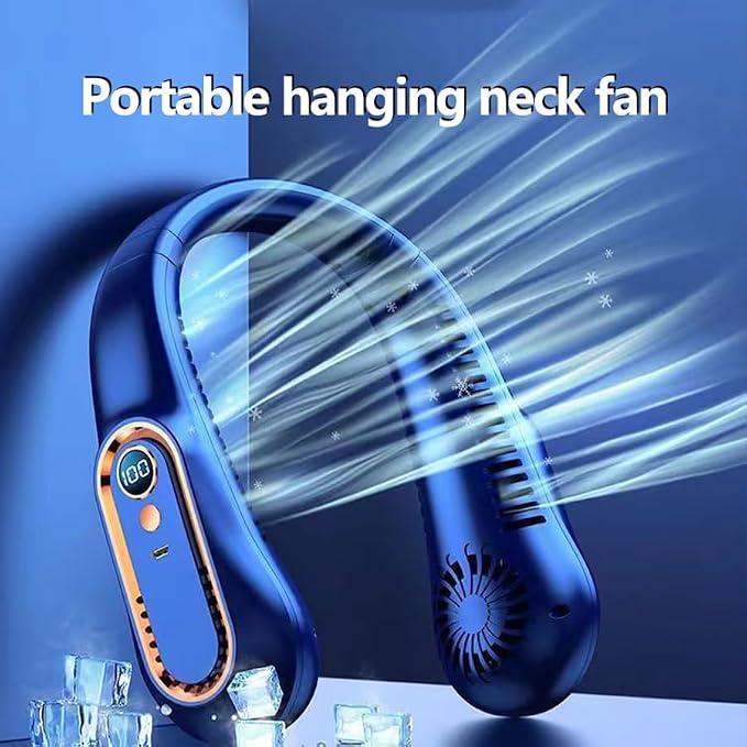 2500mAh portable neck fan, rechargeable USB portable cold fan with 5-speed wind speed and digital display, no blade design (Blue 1200mAh)