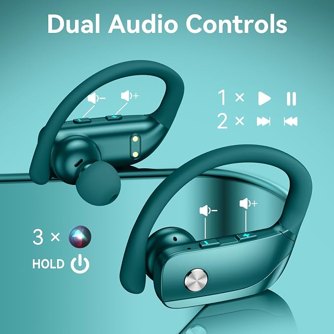 bmani Ear Buds Wireless Earbuds Bluetooth Headphones with 80H Playtime LED Display Case, Over-Ear Hook with Mic, Stereo Sound, Easy Button Controls, Sports Earphones for Running Workout Gym Green