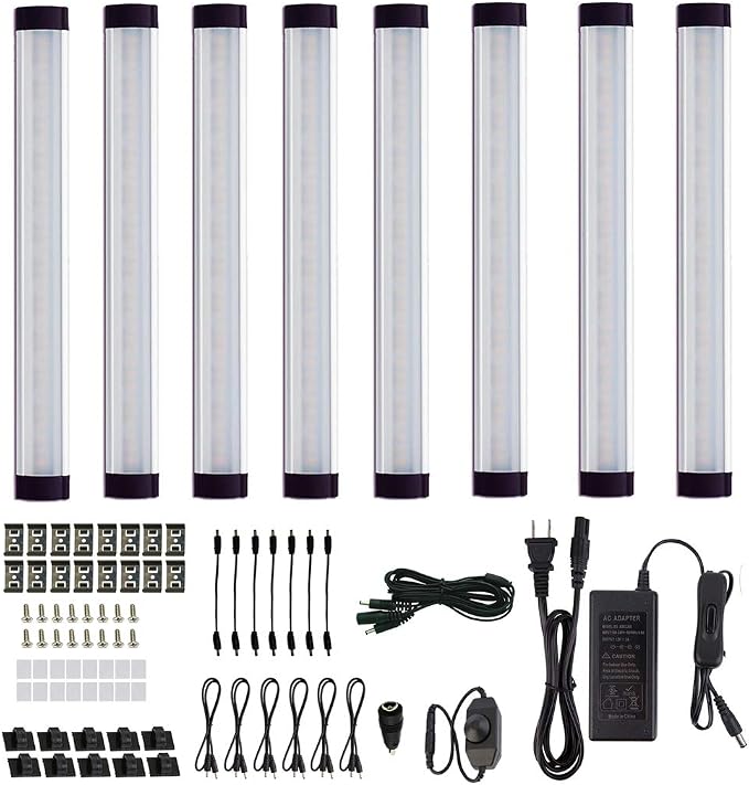AIBOO LED Under Cabinet Lighting Kit, Plug in Strip Lights with Dimmer Switch for Kitchen Cabinet Counter, Closet, Bedroom Lighting（24w-8 Bars kit-2700K)