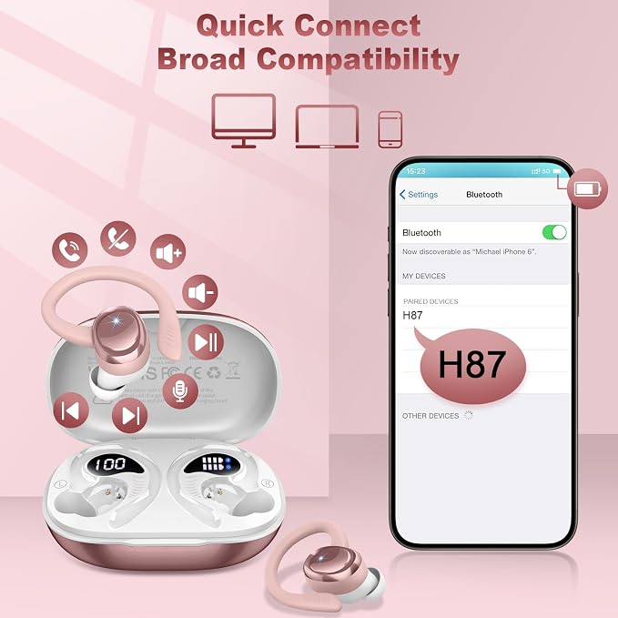 Hupoaf Wireless Earbuds Sport, NEW Bluetooth 5.4 Headphones with Earhooks, 50H Stereo Deep Bass Over Ear Buds with 4 ENC Noise Canceling Mics, IP7 Waterproof Earphones for Running Workout Gym -Pink
