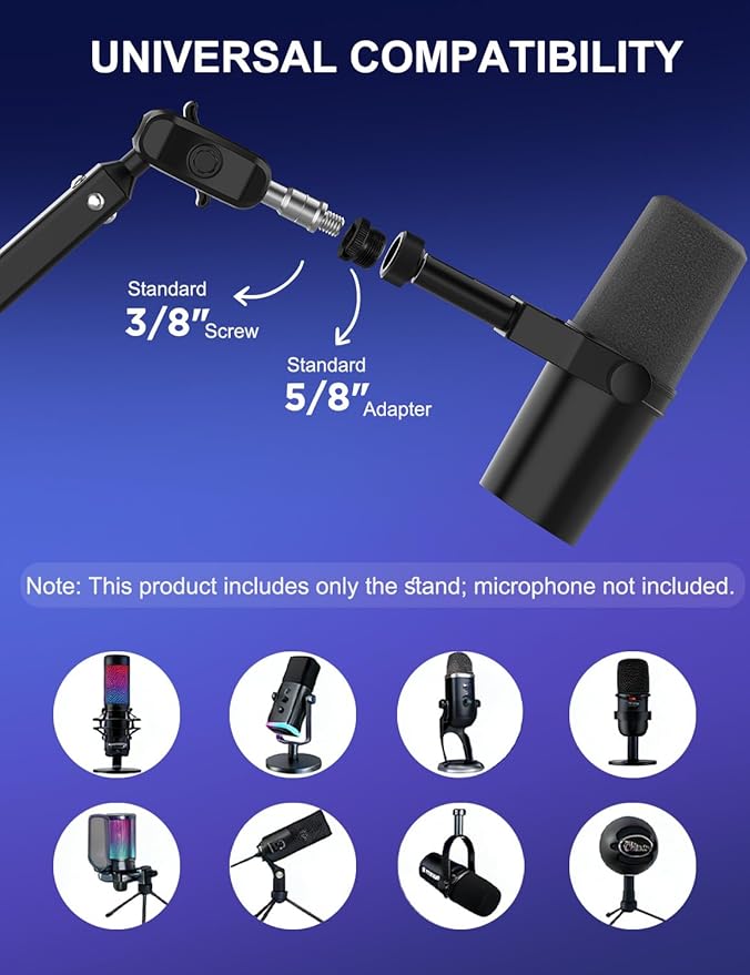 Kairiyard Microphone Boom Arm, 360° Rotatable Heavy Duty Stable Metal Low Profile Mic Arm Stand Desk Mount for Podcast Live Streaming Gaming Studio, with Cable Management, 3/8'' to 5/8'' Adapter