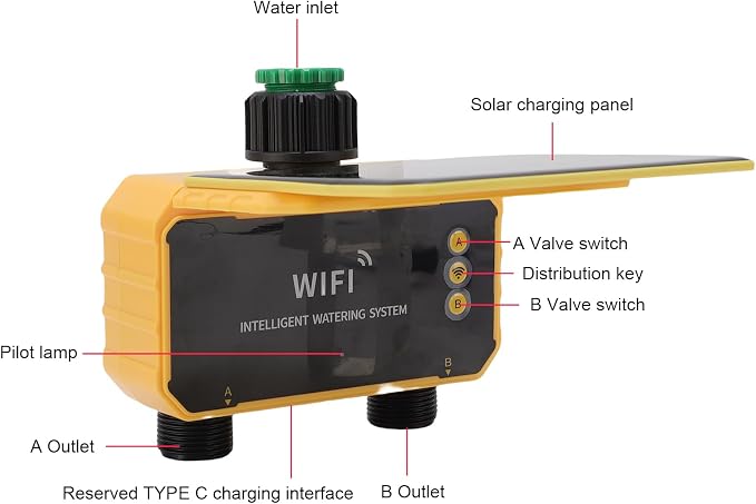 Smart WiFi Sprinkler Timer, Rain Delay APP Control Solar Water Timer with Accuracy Filter and Type C Charging, for Villa Yard Balcony Garden Roof Garden