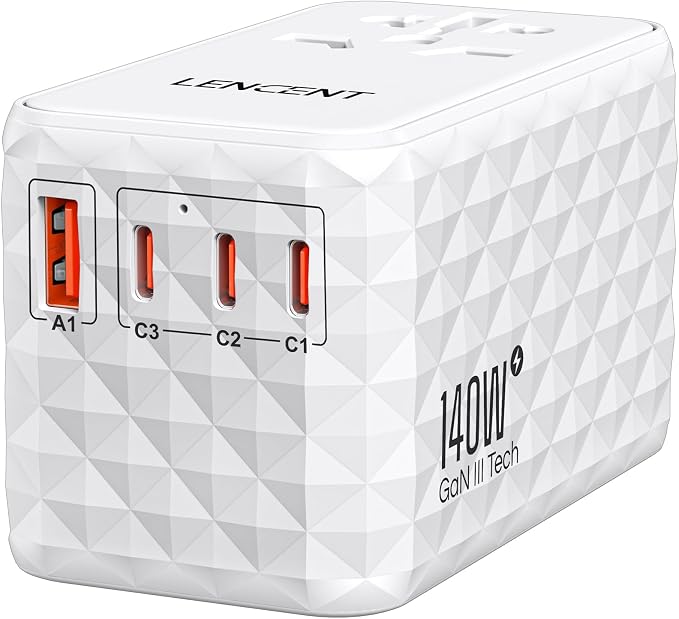 LENCENT 140W International Travel Adapter, GaN Universal Travel Adapter with 1 USB-A & 3 Type C Power Converter, Fast Charger for Phone,Laptops, Worldwide Plug Outlet for USA/UK/EU/AUS, White