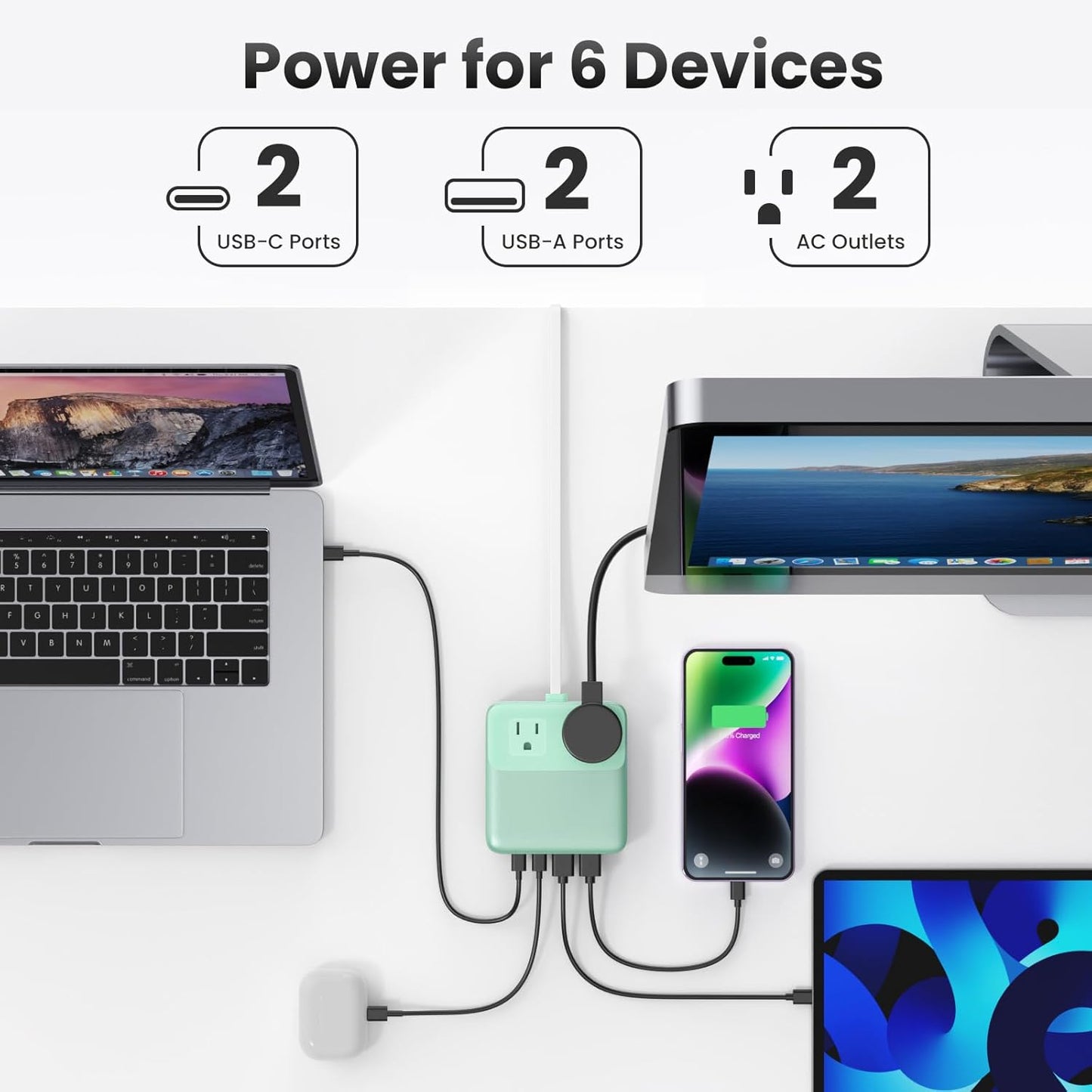USB C Charger Block,135W GaN IV Fast Charging Station Hub,6-in-1 USB C Power Strip with Flat Plug and 5ft Cord,2 AC,2 USB A,2 USB C,PD 65W Laptop Charger for MacBook Air/Pro,iPhone16/15,Samsung-Green