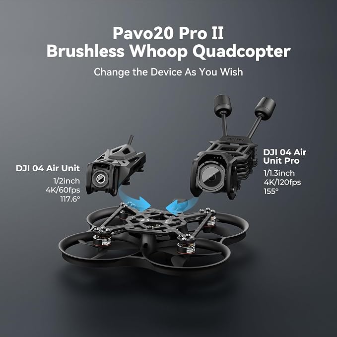 BETAFPV Pavo20 Pro II Brushless Whoop Quadcopter Compatible for O4/O4 Air Unit Pro, with HD VTX Bracket, F4 2-3S 20A AIO FC, LAVA 1104 7200KV Brushless Motors, COB LED Strip for FPV Freestyle Shooting