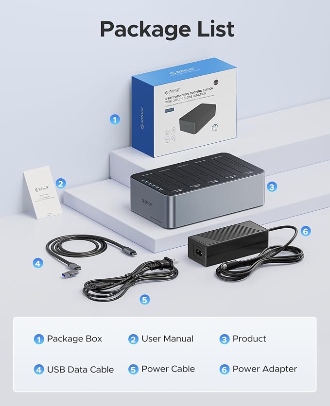 ORICO USB C 5 Bay Hard Drive Cloner/Duplicate Hard Drive Docking Station Aluminum USB 3.2 Gen 1 for 2.5''/3.5'' SSD HDD Up to 20TB-6656C3