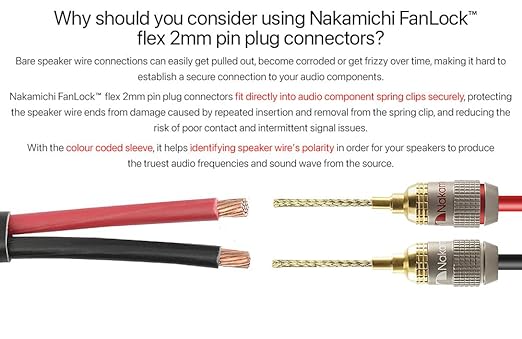 Nakamichi FanLock Excel Series 24k Gold Plated 2mm Flex Pin Banana Plugs 10 AWG - 18 AWG Gauge Size for Spring Clip Terminal Speakers Amplifier Hi-Fi Wire Cable Quick Connector, 12 Pcs (6-Pairs)