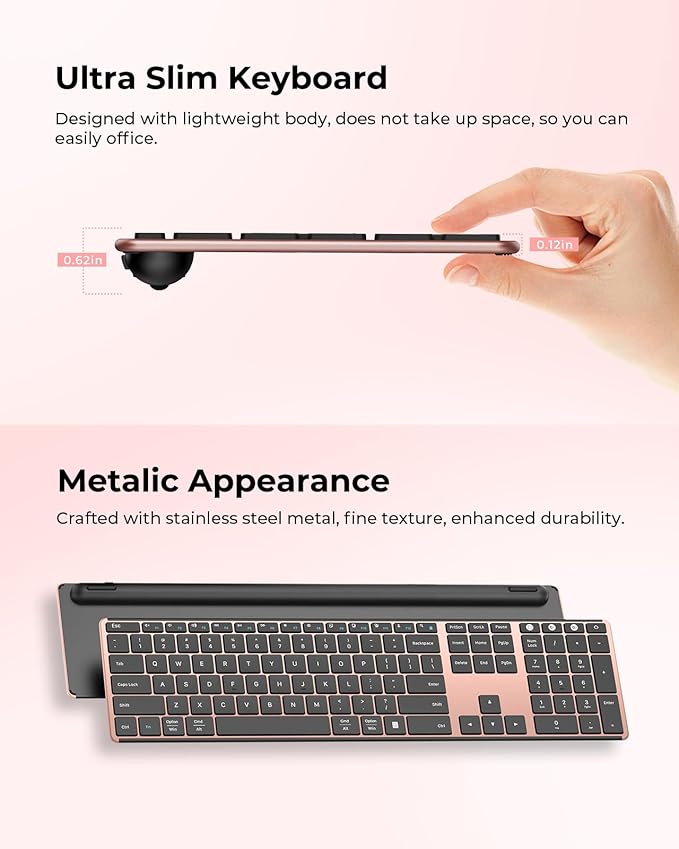 seenda Wireless Bluetooth Keyboard and Mouse Combo, SKM64-3 Rechargeable Slim Quiet Keyboard Mouse, 3 Multi-Device Connection, Compatible for Windows 11/10 PC Laptop Mac MacBook iPad, Black Rose Gold