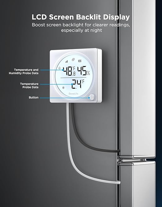 GoveeLife WiFi Refrigerator Thermometer Hygrometer Pro with 2 in 1 Alarm, Monitor Sensor for Freezer, Wireless Digital Freezer Temperature Humidity with App Alert, LCD Display(Gateway Not Included)