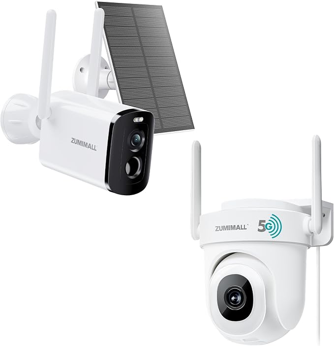 ZUMIMALL 5MP Security Camera Outdoor, 2K Solar Camera for Home Security, 2.4GHz WiFi, 2-Way Talk, Spotlight & Siren, IP66 Weatherproof, Compatible with Alexa