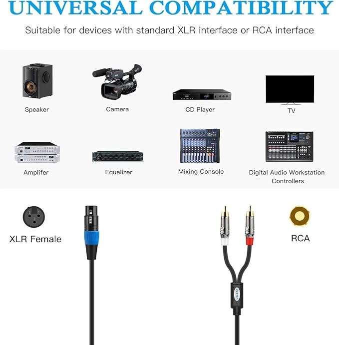 JOLGOO Unbalanced XLR Female to Dual RCA Y Splitter Breakout Cable, 1 XLR Female to 2 RCA Male Y Breakout Cable Adapter Cord, 3.3 Feet