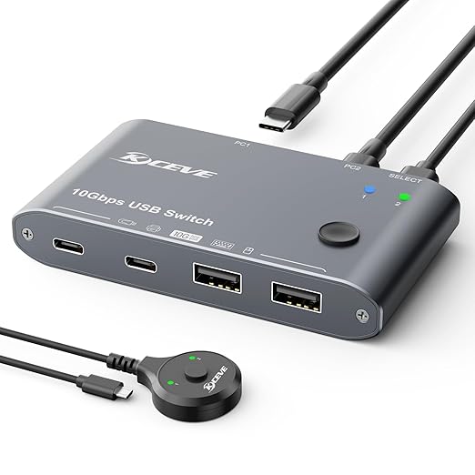 10Gbps USB C Switch 2 Laptops 2 in 4 Out USB 3.2 Switcher 2 Computers Share Keyboard Mouse, Printer, Camera, Headphone, 10Gbps Data Power Cable & Desktop Controller Included