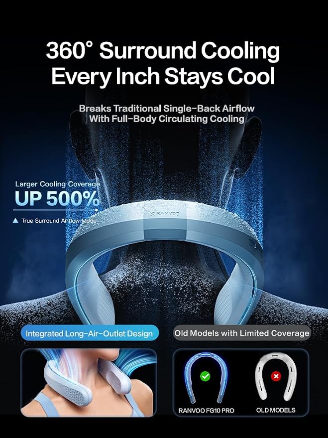 RANVOO FG10 Pro 2026 Ice Cooling Neck Fan 【Full Body Cooling 16 Hours Battery Life】 AI Personal Cooler, Immersive Neck Cold Wind, Rechargeable Strong Airflow Wearable Fan,Gift for Mom Dad