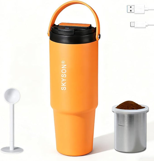 minkah Fast Extraction Mini Electric Coffee Maker - Portable Filter Coffee Brewer for Travel,Insulated Stainless Steel Tumbler,30 oz Reusable Iced Coffee Cup Machine,Hot Coffee Mug with Lid (Orange)