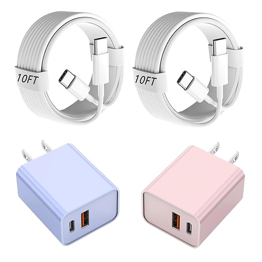 2Pack iPhone 17 Fast Charger,20W Dual USB A+C QC Wall Charger with 10FT USB C-C Charging Cord Apple Charger Fast Charging for iPhone 17/17 Air/17 Pro/16e/16/16 Pro/15/15 Pro/Pro Max/Plus(Purple/Pink)