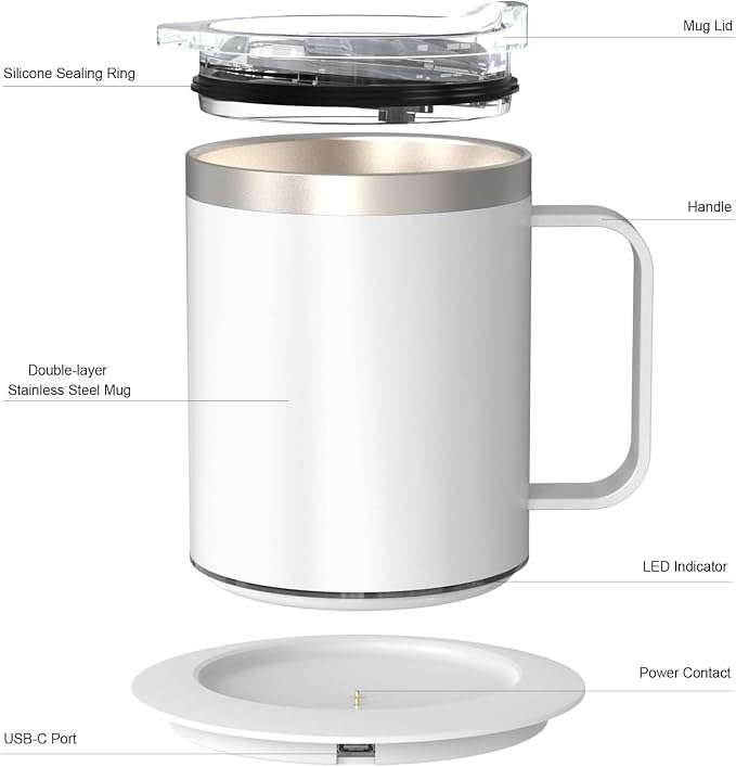 Self Heating Coffee Mug Warmer, 12oz Smart Mug Automatic Shut Off, USB Rechargeable Heated Coffee Mug with Lid for Travel/Office/Home